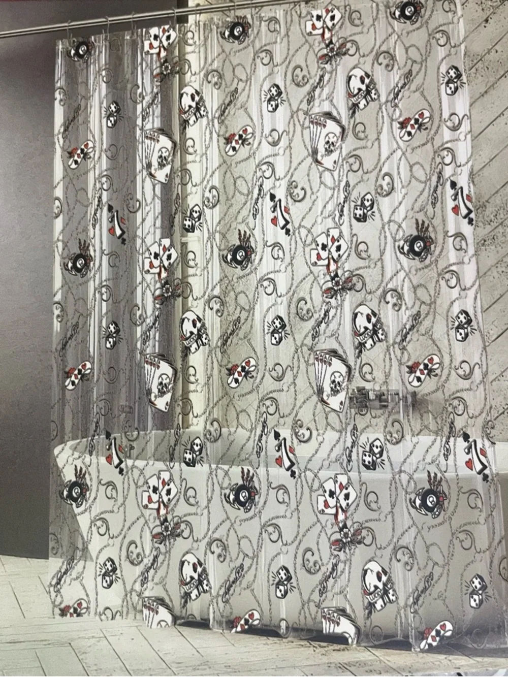 Ed Hardy LUCKY ACES Clear Shower Curtain Liner Cards 8-Ball Dice PEVA 72x72 NWT